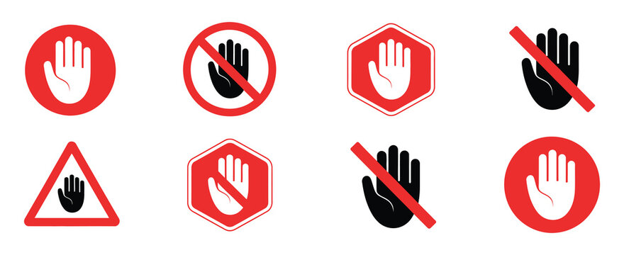 Forbidden sign icon set featuring red prohibition symbols, no touch warnings, and restricted access labels.