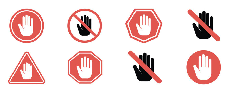 Red prohibited label vector collection with no touch signs and universal restriction warning icons.