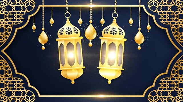 Golden lanterns and decorations against a dark blue background