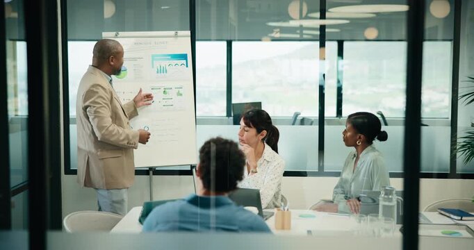 Man, presentation and charts with review for team at office meeting, board and explain at finance company. Person, speaker and insight with graphs, feedback and collaboration at investment agency