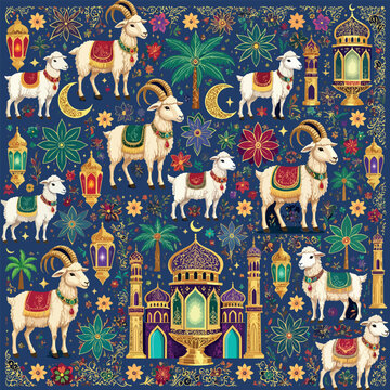 Islamic Eid al-Adha seamless pattern with goats and sheep, ornate Arabic festival background with mosque and lanterns, religious celebration vector