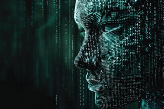 A human face profile emerges from a digital matrix of glowing orange binary code.