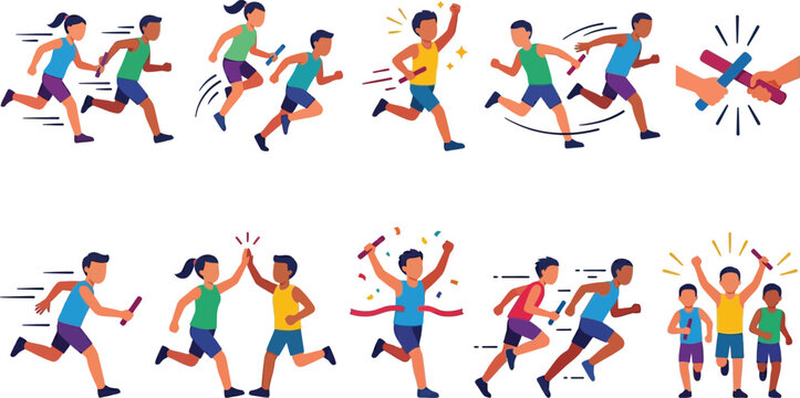 Collection of colorful relay race illustrations featuring diverse runners passing baton and celebrating victory.