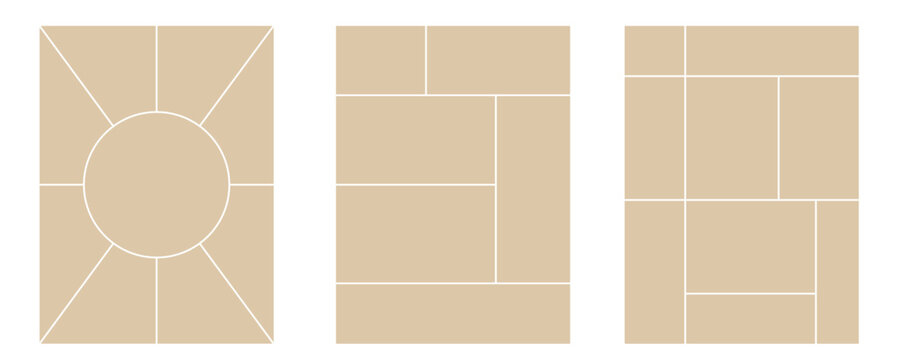 Image collage layout template. Beige mosaic mood board grid collection. Picture frame set. Photo album idea for banner, poster, comic page, flyer, brochure, booklet, memory wall design. Vector pack