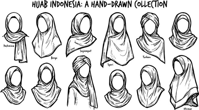 Fashion and Culture: Hand-drawn BW Line Art Illustration of Indonesian Hijab Styles. A comprehensive collection of women's headscarf designs.