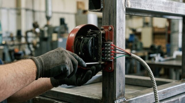 Closeup of technician mounting a loud industrial mechanical telephone ringer onto a metal frame highlighting rugged construction and precise wiring connections.
