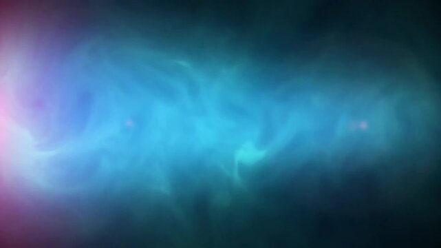 Abstract blue and turquoise smoky fluid wave background with subtle pink light leak loop.