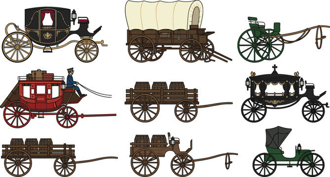 Vintage Horse Carriage and Antique Wooden Wagon Vector Icon Set with Historical Western Transportation Graphic Designs