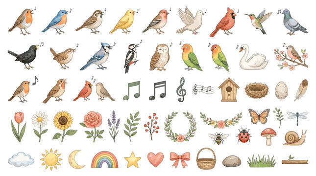 Watercolor bird icon collection with cute birds, flowers, musical notes, birdhouse, rainbow, sun, moon, hearts, basket and garden nature elements