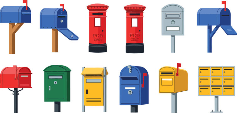 Mailbox and Postbox Vector Icon Set with Vintage Red Pillar Box and Modern Post Delivery Mailboxes