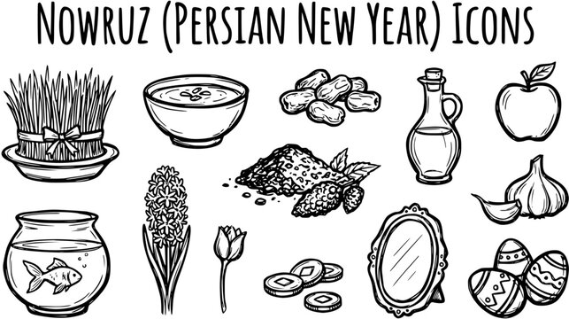 Nowruz Persian New Year Icons Set. Hand-drawn Black and White Line Art of Traditional Haft-Seen Symbols for Spring Cultural Holiday Celebration.