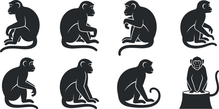 Monkey Silhouette Vector Icon Set with Sitting Chimpanzee and Ape Wild Animals for Nature Graphic Designs