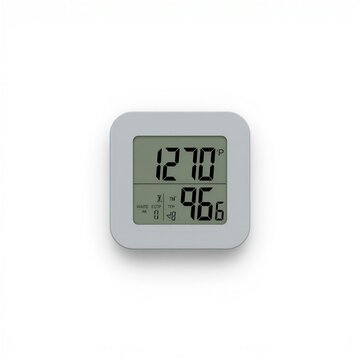 Minimalist digital thermometer hygrometer isolated on white background, unbranded high-definition indoor climate monitor