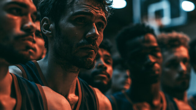 Portrait of a defeated men's basketball team looking sad, exhausted, and frustrated after losing a tough game, dramatic lighting


