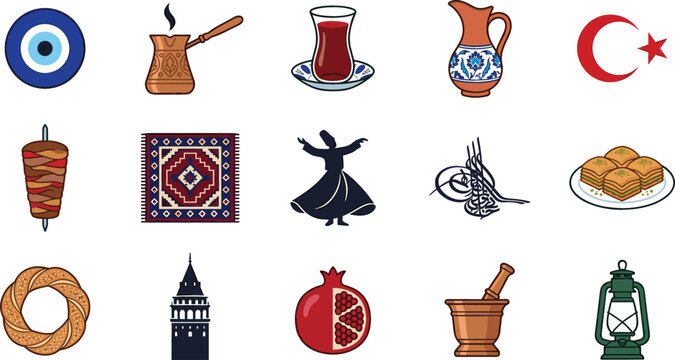 Traditional Turkish Culture Vector Icon Set with Tea Coffee Baklava Kebab and Istanbul Travel Landmark Designs