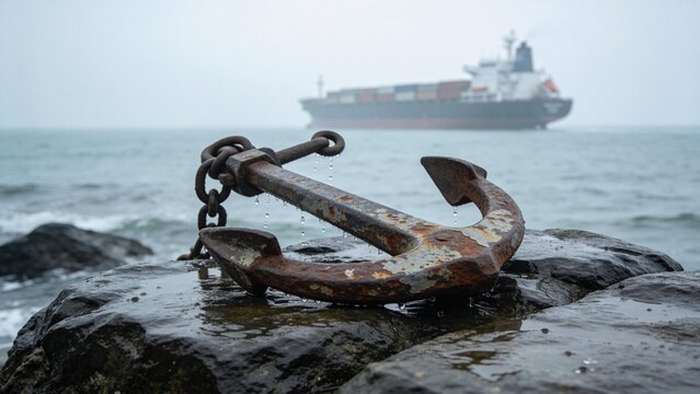 Rusty anchor on rocky shore with ship in fog