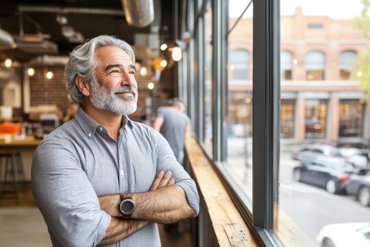 Close-up of thoughtful mature man looking out the window. Natural side light. Thoughtful expression. Inner reflection. Cozy interior. Soft tones. Lifestyle, emotions, copy space. Plenty of text space