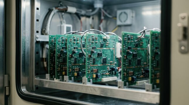 Medium shot capturing assembled circuit boards exposed to controlled humidity variations within a testing chamber highlighting moisture impact on durability.