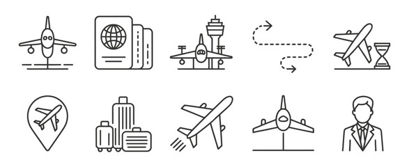 Fototapeta premium Global Travel Airplane Flight Icon Line Set, Aircraft Transport, Pilot, Airport Boarding, Travel Documents And Immigration Outline Vector Design.