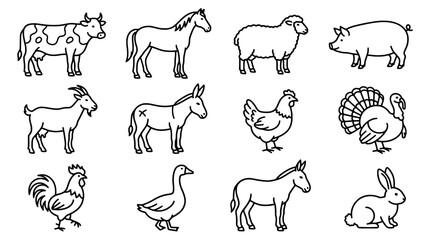 Fototapeta premium Animals farm set with various livestock and poultry illustrations featuring cow, horse, sheep with pig and goat elements for donkey, chicken