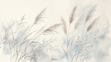 Ethereal watercolor pampas grass illustration, soft bohemian dried floral background, elegant botanical wall art with muted blue and beige tones