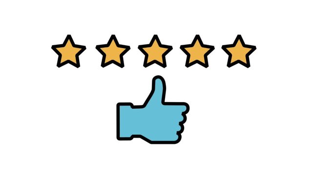 Five stars with a thumbs up motion icon. Animated icon of five stars with a thumbs up symbol underneath, representing excellent customer rating, high satisfaction, and positive feedback.