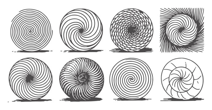 Collection of eight stylized spiral in black and white