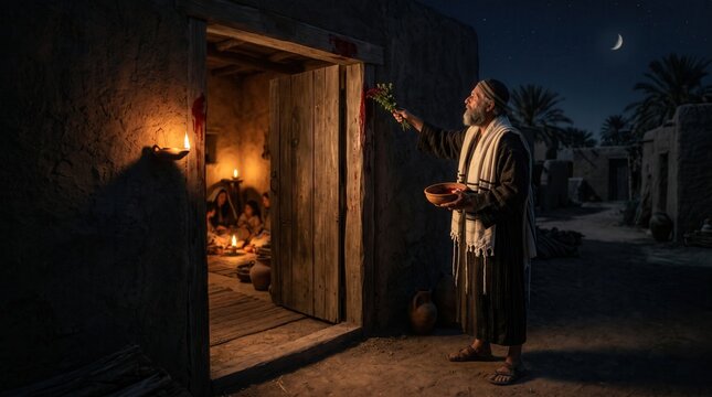 A biblical man using a bunch of hyssop to painting blood of passover lamb on door post.	