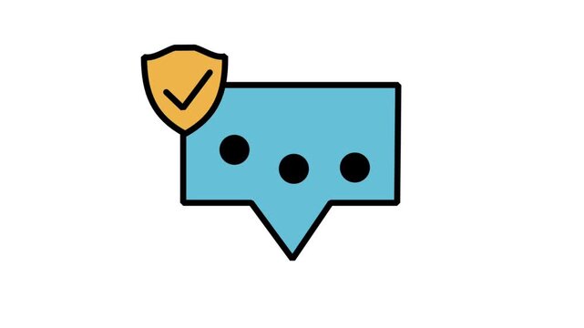 Animated icon of a speech chat bubble displaying three dots with a protective shield, representing secure encryption communication messaging, private helpdesk.
