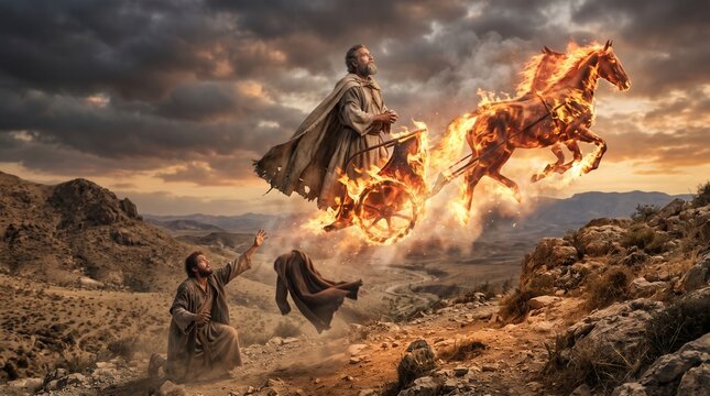 Biblical scene of the prophet Elijah being taken up to heaven in a fiery chariot.