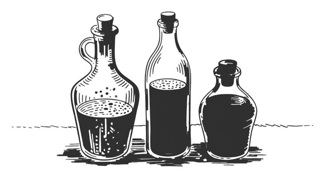 Three corked bottles of dark liquid on a surface