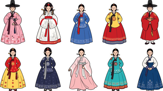 Traditional Korean hanbok collection with elegant women in colorful cultural dresses vector illustration isolated set