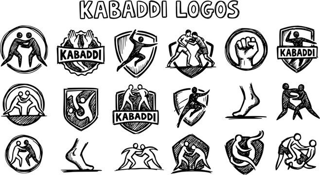Kabaddi Logos Collection: Black and White Line Art Sport Icons for Wrestling and Athleticism