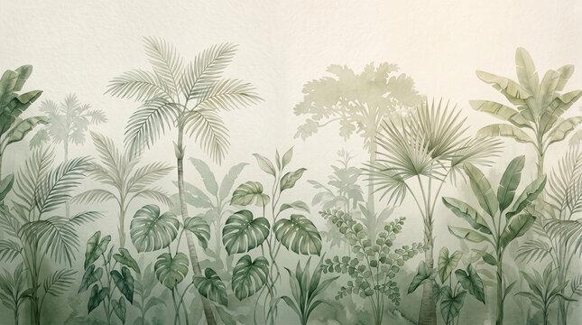 Vintage tropical wallpaper with palm trees and jungle leaves, muted green botanical mural, hand-drawn exotic forest landscape for interior design