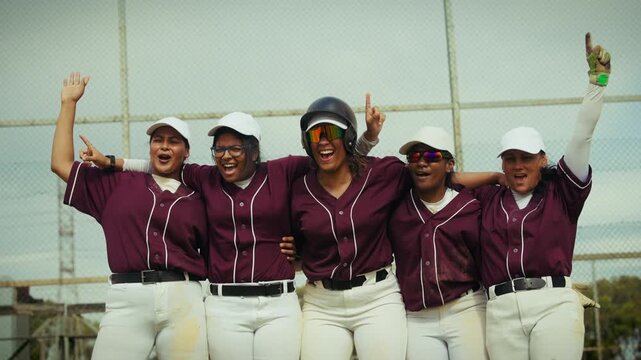 Jubilant women's baseball team celebrates hard-earned victory. Players united in maroon and white uniforms share emotional success and teamwork after exciting game on the diamond.