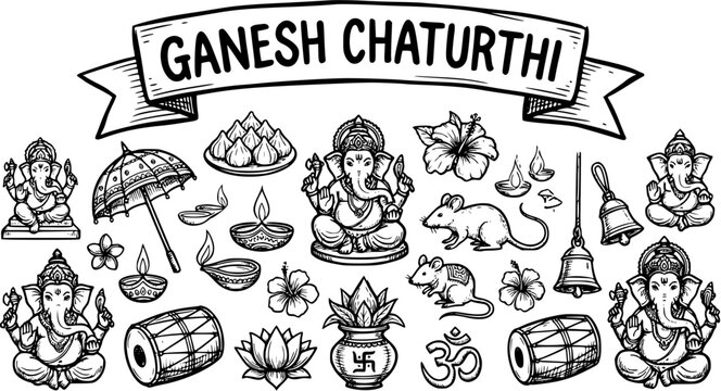 Ganesh Chaturthi Hindu Festival Hand Drawn Line Art Set. Lord Ganesha Idols, Modaks, Diyas, Drums  Cultural Symbols. Black  White Sketch Vector.