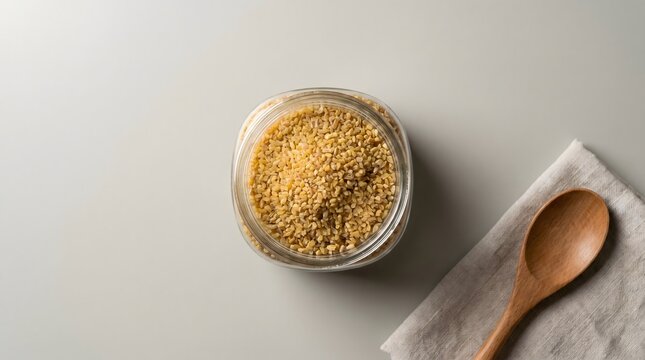 Bulgur wheat in jar, Raw cereal grains, Dry cracked wheat