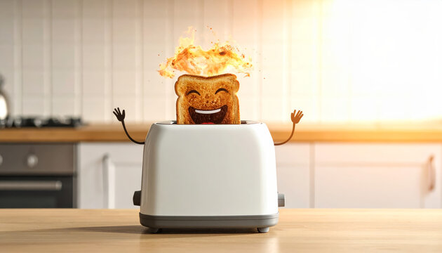 Joyful Toaster With A Halo Of Burnt Toast Performing A Dance In A Bright Kitchen