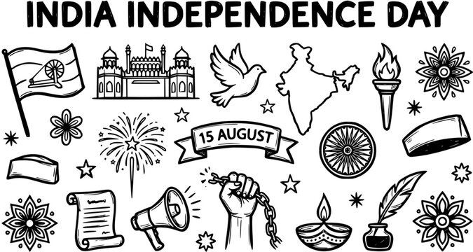 India Independence Day Black and White Line Art Doodle Icons Collection. Patriotic National Symbols of India: Flag, Red Fort, Map, Freedom, and Celebration Elements.