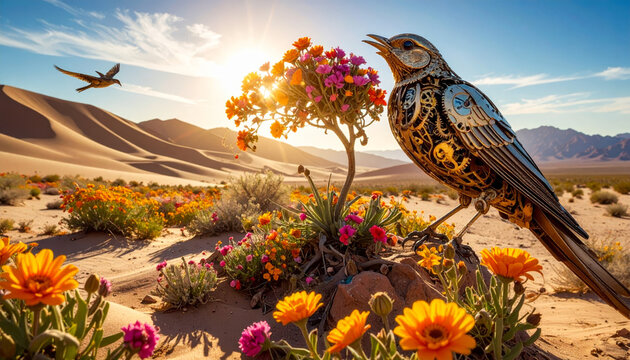 Mechanical bird sculpture bringing vibrant flowers to bloom in a desert landscape at sunset