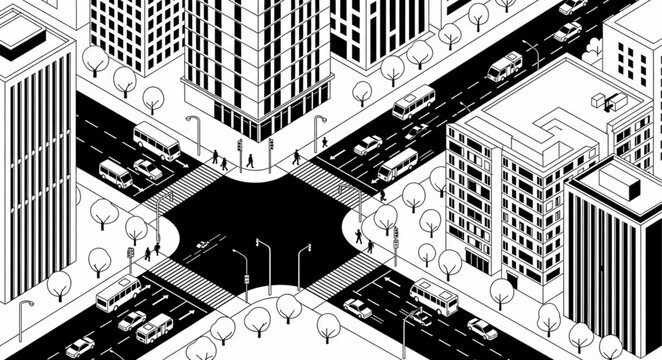 Isometric City Street Intersection with Buildings and Traffic.