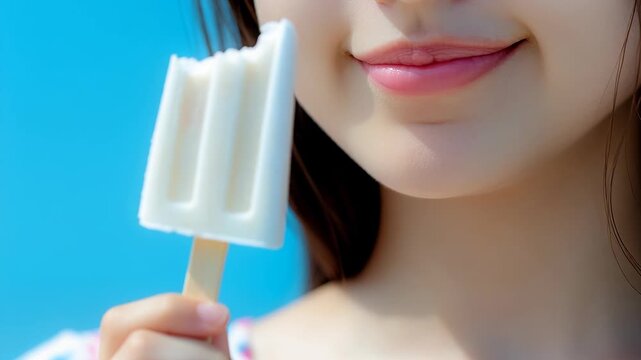 A close-up shot of a young woman's lips enjoying a cold white popsicle on a bright sunny day.