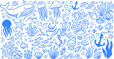 A vibrant blue illustration of various ocean creatures and sea plants on a white background, featuring a whale, jellyfish, squid, coral, and fish in a lively underwater scene. © SarfarazAhmed