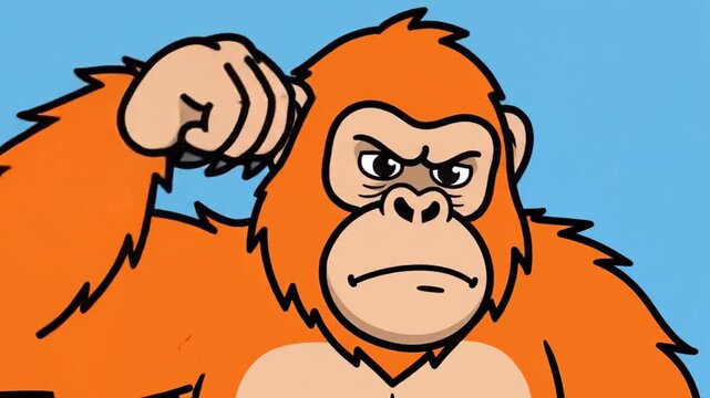 Furious cartoon monkey with orange fur and angry expression flexing its bicep against a blue background