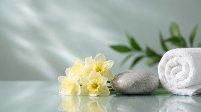 Fresh spring daffodils, smooth spa stone, and rolled white towel on a serene reflective surface with natural light. Concept of relaxation, wellness, beauty, and natural care.