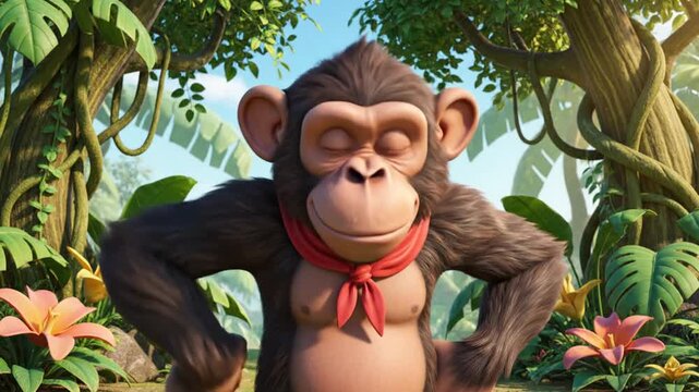 A relaxed cartoon monkey wearing a red bandana meditates peacefully in a lush jungle environment with vibrant green