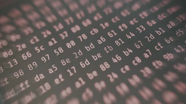Series of hexadecimal numbers displayed on a screen, cybersecurity concept