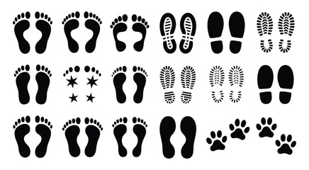 Human footprints and shoe print icon set featuring bare feet, kids footprints, and walking trail symbols. © ARIF AHMED 04