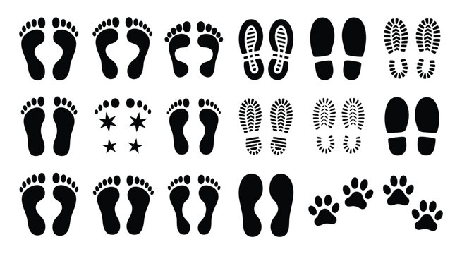 Human footprints and shoe print icon set featuring bare feet, kids footprints, and walking trail symbols.