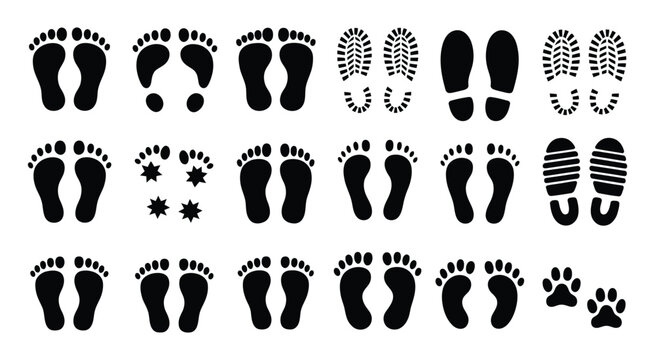 Footstep vector collection with human footprints, shoe tracks, and children's feet icons for route and path design.